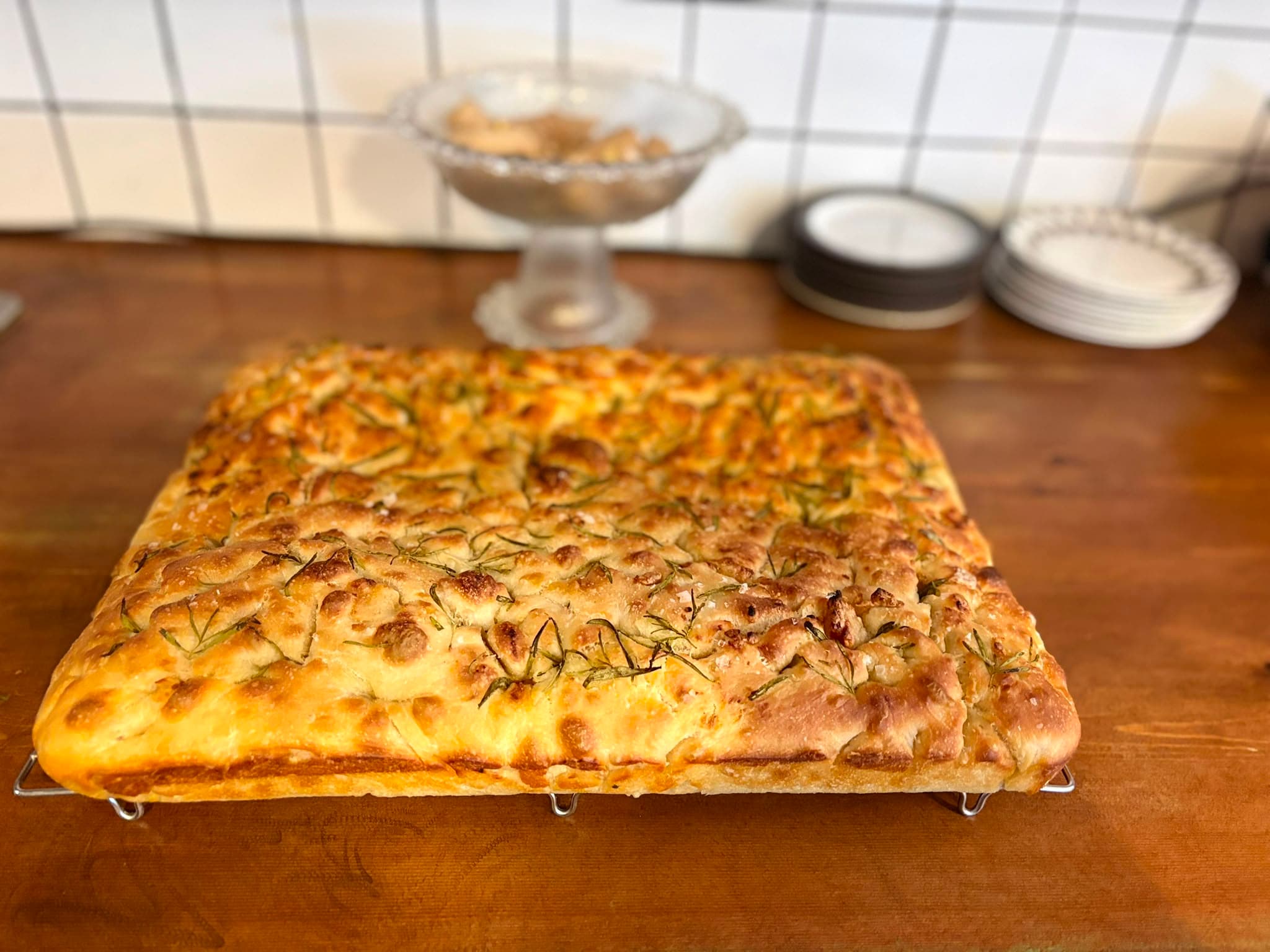 Golden focaccia, just baked